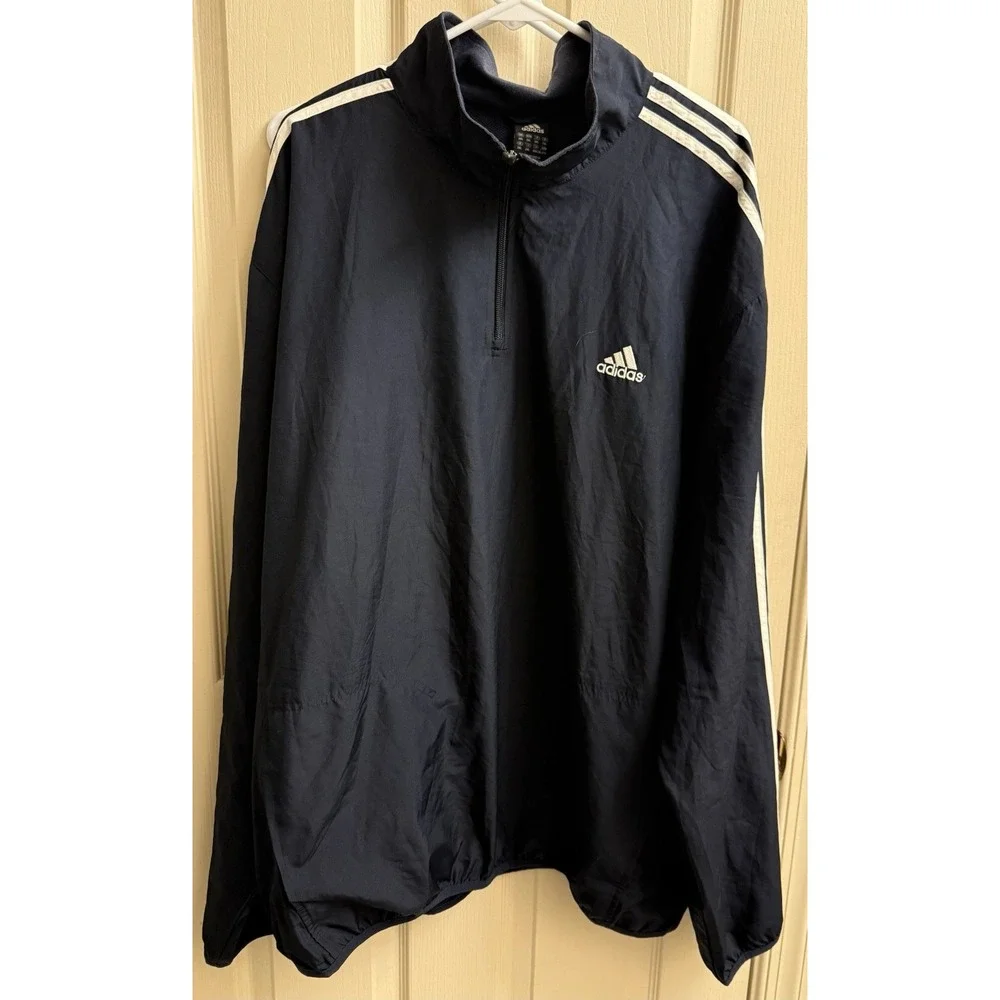 Adidas Navy Blue White Stripes 1/4 Zip‎ Pullover Windbreaker men's size 2XL EUC